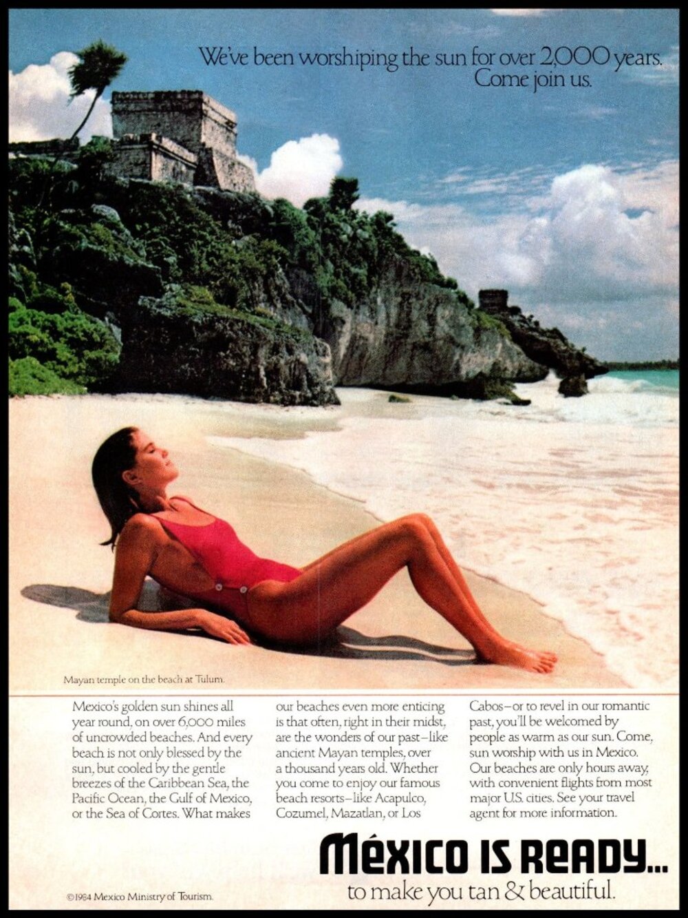 1984 Mexico Ready Vacation Travel Vintage Print Ad Beach Tulum Mayan Temple Art